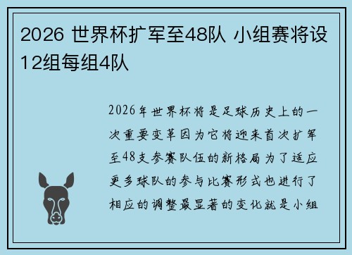 2026 世界杯扩军至48队 小组赛将设12组每组4队 2026 世界杯扩军至48队 小组赛将设12组每组4队