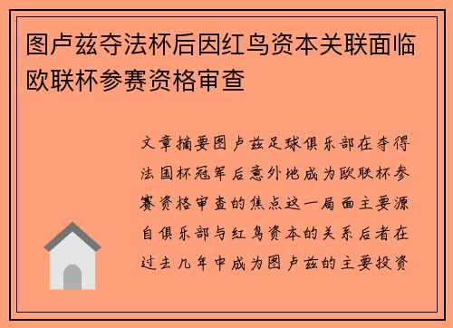 图卢兹夺法杯后因红鸟资本关联面临欧联杯参赛资格审查 图卢兹夺法杯后因红鸟资本关联面临欧联杯参赛资格审查