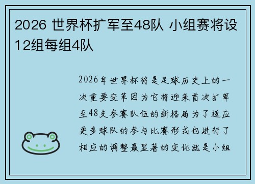 2026 世界杯扩军至48队 小组赛将设12组每组4队 2026 世界杯扩军至48队 小组赛将设12组每组4队